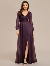Elegant Glistening Slit Pleated Solid Color V-Neck Evening Dress